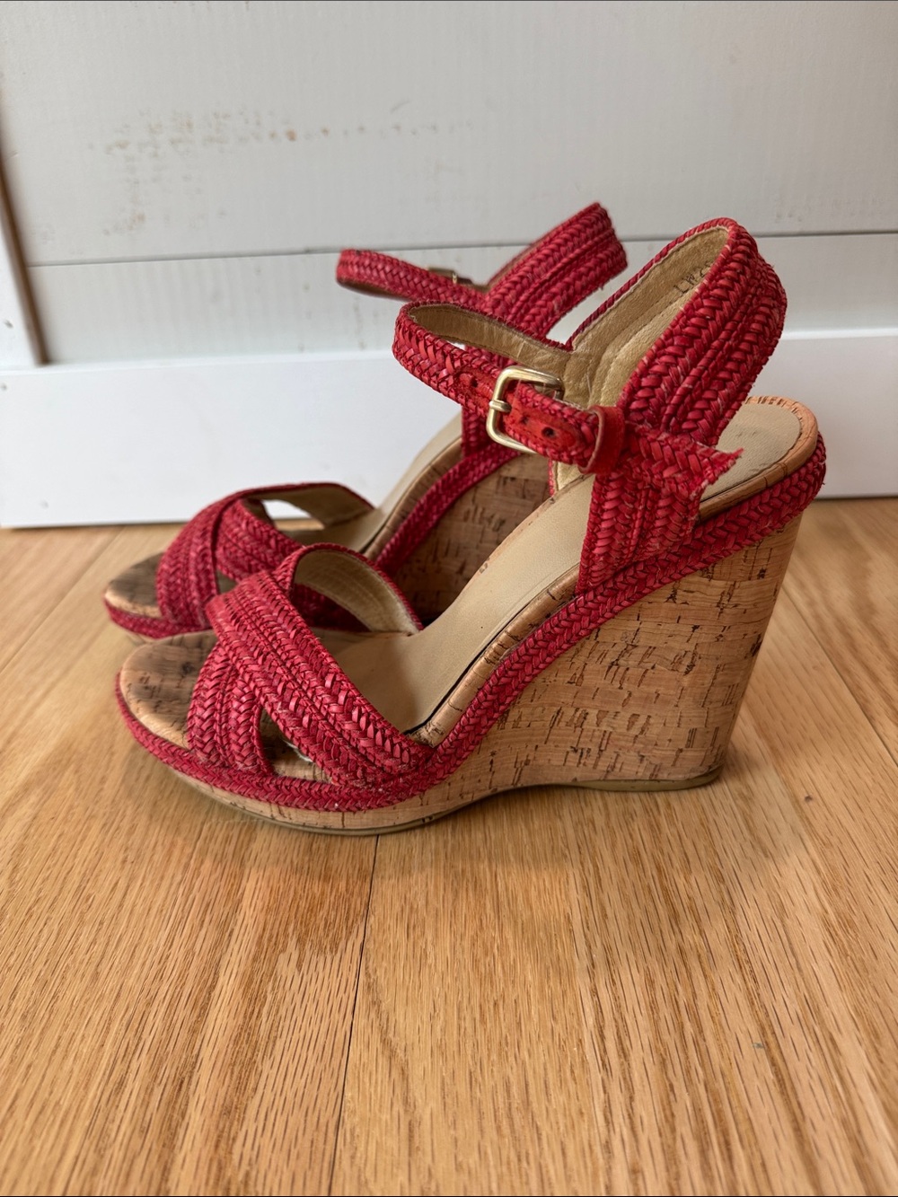 Stuart Weitzman Red Woven Cork Wedge Sandals